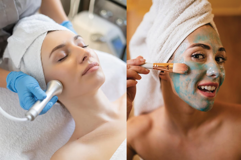 Hydrafacial treatment beside a traditional facial mask