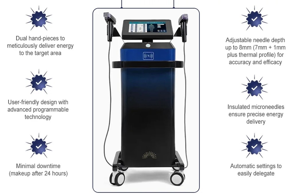Radiance RF features: dual handpieces, adjustable needle depth up to 8mm, user friendly programmable technology, insulated microneedles, minimal downtime, and automatic settings