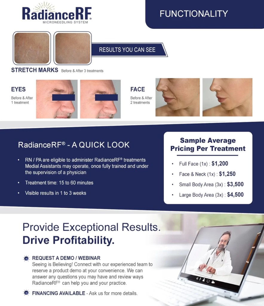 Radiance RF functionality, before and after results, treatment times, and sample pricing